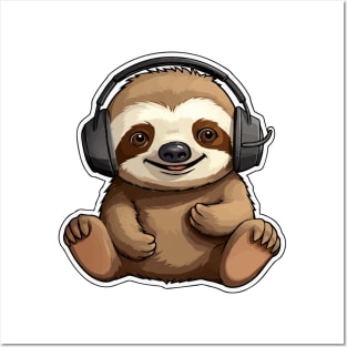 Cute Sloth Wearing Headphones Posters and Art